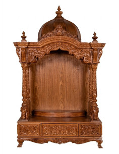 Wooden Mandir with Ornate Dome & Storage Drawers