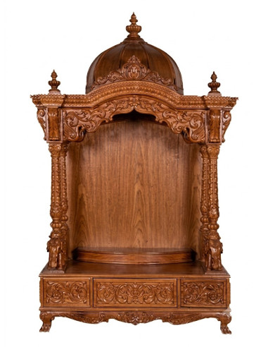 Wooden Mandir with Ornate Dome & Storage Drawers