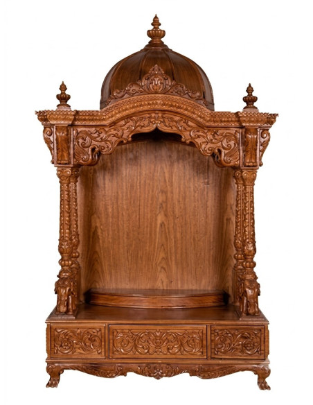 Wooden Mandir with Ornate Dome & Storage Drawers