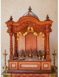 Regal Hand-Carved Wooden Mandir with Domed Crown & Twisted Pillars | Gita Murti Bhandar
