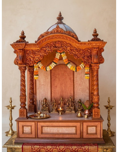 Regal Hand-Carved Wooden Mandir with Domed Crown & Twisted Pillars | Gita Murti Bhandar