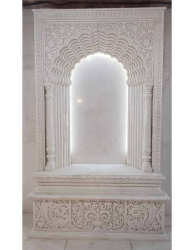 White Marble Temple with Arched Design & Carved Panels