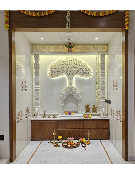 Pooja Room with Marble Kalpavruksh Backwall | Gita Murti Bhandar