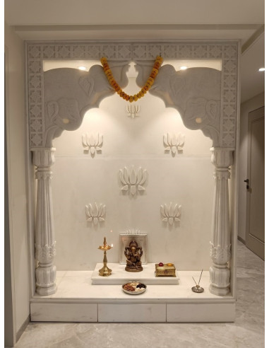Custom Pooja Room with Elephant Arch and Marble Lotus Backwall