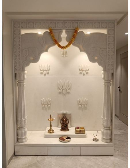 Custom Pooja Room with Elephant Arch and Marble Lotus Backwall