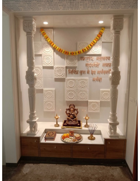 Custom Pooja Room with Carved Wall and Ganesh Shloka