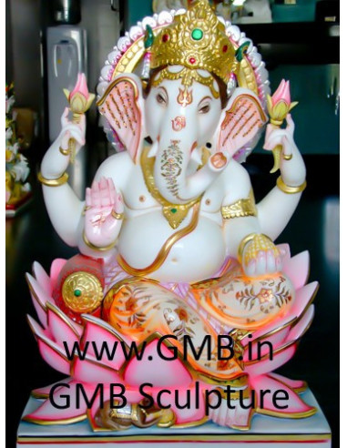 24-Inch Hand-Carved White Marble Lotus Ganesha Murti | GMB, Ahmedabad