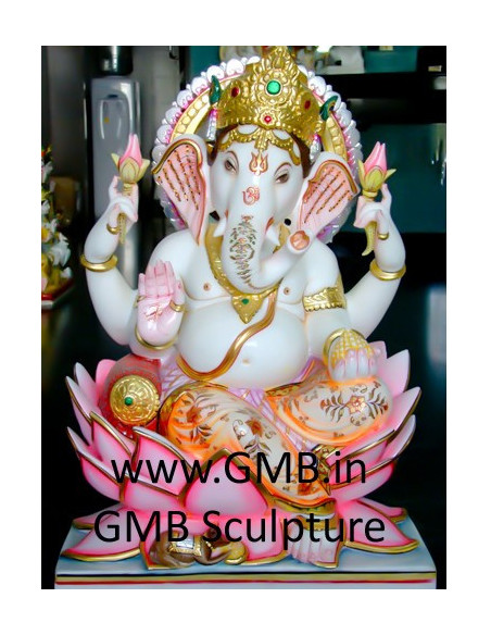24-Inch Hand-Carved White Marble Lotus Ganesha Murti | GMB, Ahmedabad
