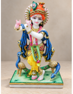 Hand-Carved White Marble Krishna Idol, 12 Inches