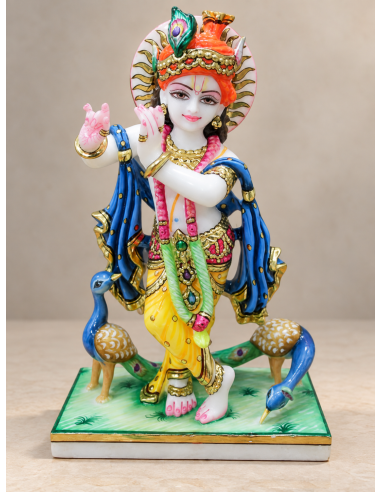 Hand-Carved White Marble Krishna Idol, 12 Inches