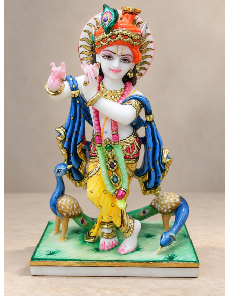 Hand-Carved White Marble Krishna Idol, 12 Inches