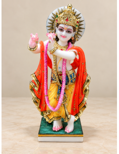 Hand-Painted Marble Krishna Idol with Crown and Garland, 12 Inches