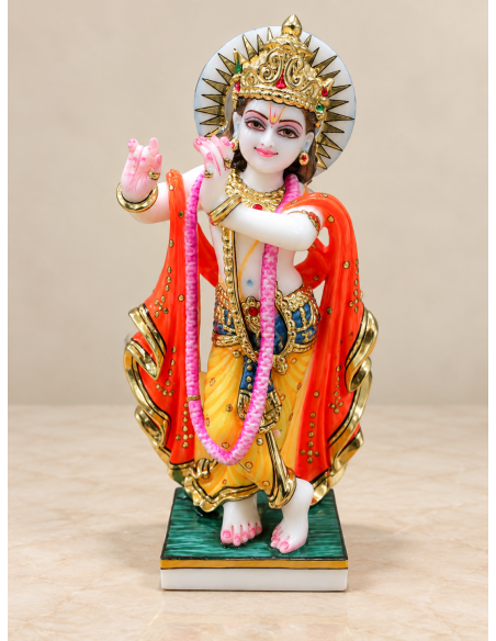 Hand-Painted Marble Krishna Idol with Crown and Garland, 12 Inches