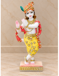 Hand-Painted Marble Dancing Krishna Idol with Peacock Feather Turban, 12 Inches