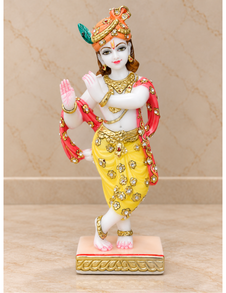 Hand-Painted Marble Dancing Krishna Idol with Peacock Feather Turban, 12 Inches