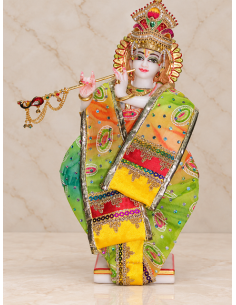 Marble Krishna Idol with Flute in Dressed Silk Garments, 12 Inches
