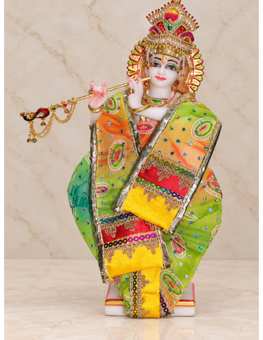 Marble Krishna Idol with Flute in Dressed Silk Garments, 12 Inches