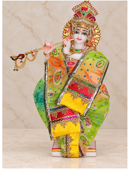 Marble Krishna Idol with Flute in Dressed Silk Garments, 12 Inches