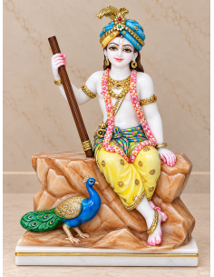Hand-Painted Marble Krishna Idol Seated with Peacock and Staff, 12 Inches