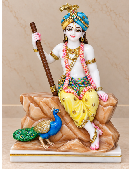 Hand-Painted Marble Krishna Idol Seated with Peacock and Staff, 12 Inches