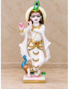 Plain White Marble Krishna Idol with Peacock and Gold Accents, 12 Inches