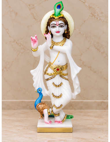 Plain White Marble Krishna Idol with Peacock and Gold Accents, 12 Inches