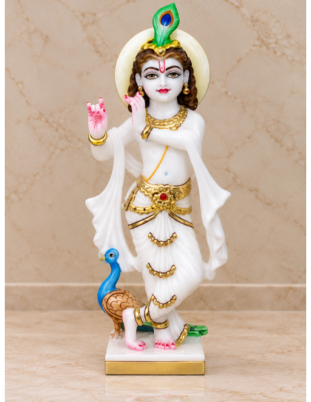 Plain White Marble Krishna Idol with Peacock and Gold Accents, 12 Inches
