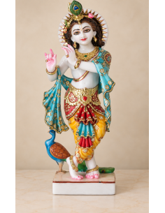 Hand-Painted Marble Krishna Idol with Turquoise Shawl and Peacock, 18 Inches