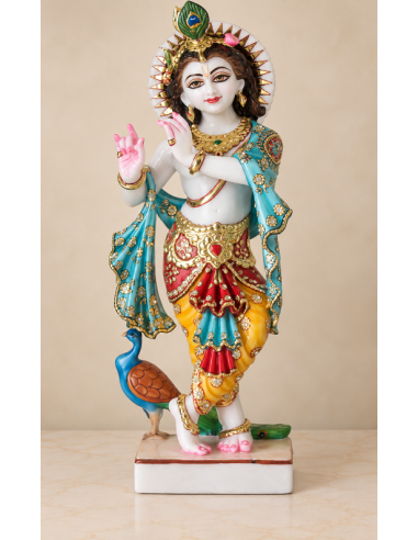 Hand-Painted Marble Krishna Idol with Turquoise Shawl and Peacock, 18 Inches