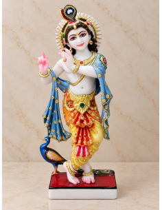 Hand-Painted Marble Krishna Idol with Blue Shawl and Peacock, 18 Inches