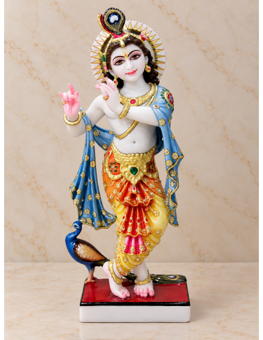 Hand-Painted Marble Krishna Idol with Blue Shawl and Peacock, 18 Inches
