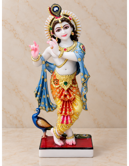 Hand-Painted Marble Krishna Idol with Blue Shawl and Peacock, 18 Inches