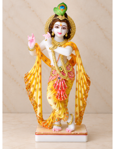 Hand-Painted Marble Krishna Idol with Golden Flowing Wings, 18 Inches