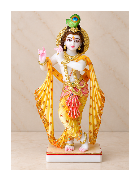 Hand-Painted Marble Krishna Idol with Golden Flowing Wings, 18 Inches