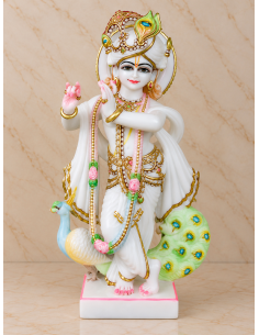 Hand-Painted Marble Krishna Idol with Dual Peacock Design, 18 Inches