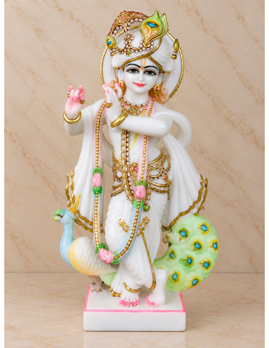 Hand-Painted Marble Krishna Idol with Dual Peacock Design, 18 Inches