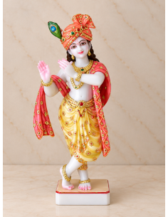 Hand-Painted Marble Krishna Idol with Orange Turban and Red Shawl, 18 Inches