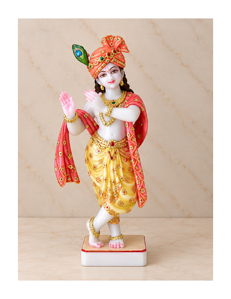 Hand-Painted Marble Krishna Idol with Orange Turban and Red Shawl, 18 Inches