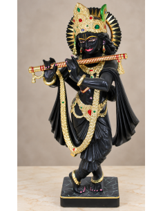 Hand-Painted Black Marble Flute Krishna Idol with Gold Halo, 18 Inches