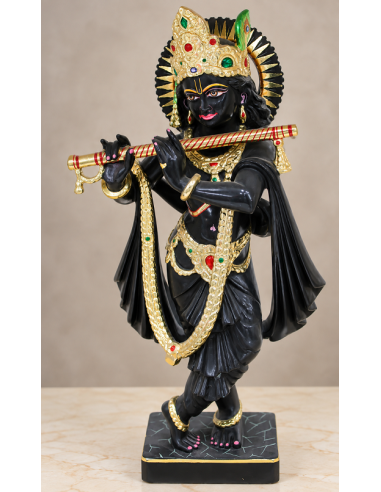 Hand-Painted Black Marble Flute Krishna Idol with Gold Halo, 18 Inches
