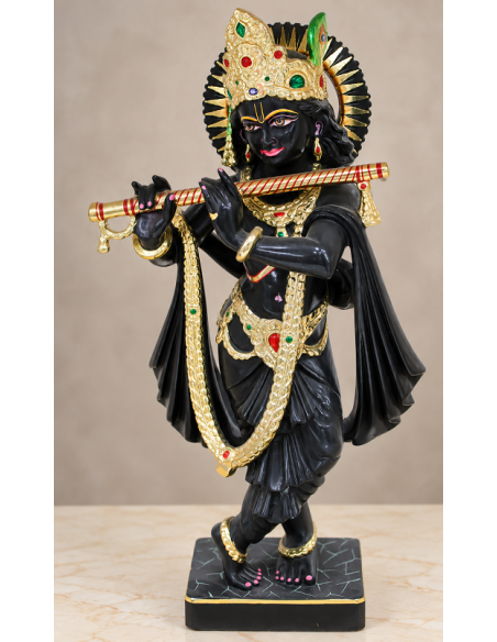 Hand-Painted Black Marble Flute Krishna Idol with Gold Halo, 18 Inches