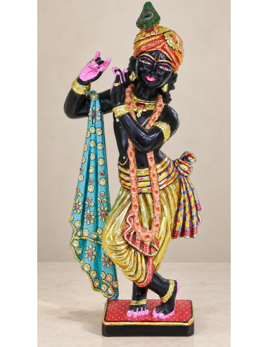 Hand-Painted Black Marble Krishna Idol with Turquoise Dupatta, 18 Inches