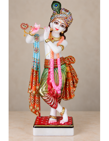 Hand-Painted Marble Flute Krishna Idol with Pink Garland, 18 Inches