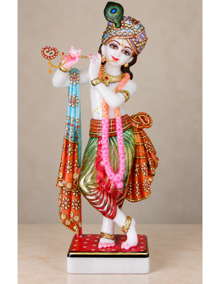 Hand-Painted Marble Flute Krishna Idol with Pink Garland, 18 Inches