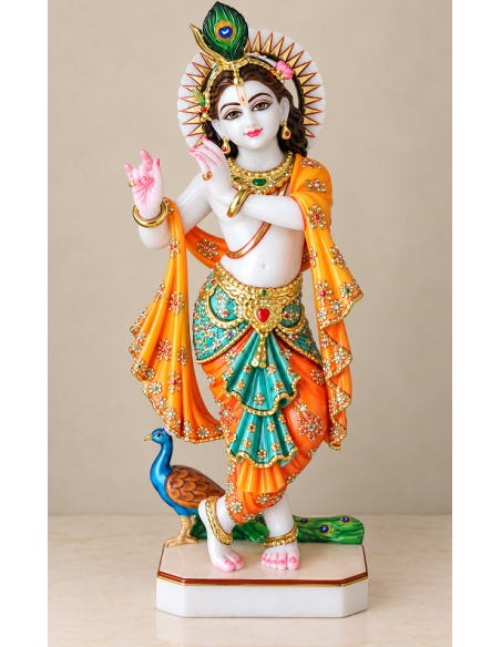 Hand-Painted Marble Krishna Idol with Orange and Turquoise Dhoti, 18 Inches