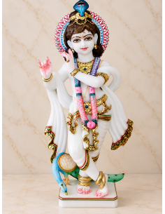 Hand-Painted Marble Krishna Idol with Peacock Companion, 18 Inches