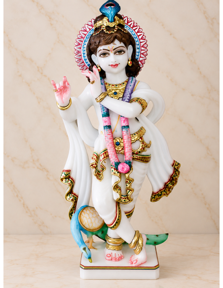 Hand-Painted Marble Krishna Idol with Peacock Companion, 18 Inches