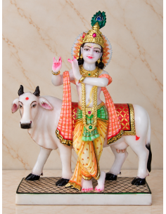 Hand-Painted Marble Krishna Idol with Cow, 18 Inches
