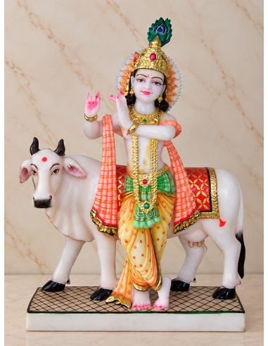 Hand-Painted Marble Krishna Idol with Cow, 18 Inches