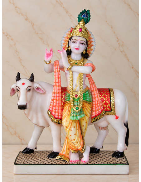Hand-Painted Marble Krishna Idol with Cow, 18 Inches